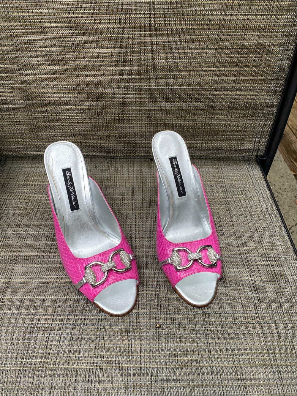 Bright Pink Slip-On Heels with Chain Accent